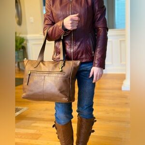 Fossil Fiona Genuine Pebbled Cow Hide Leather Tote in English Brown Color